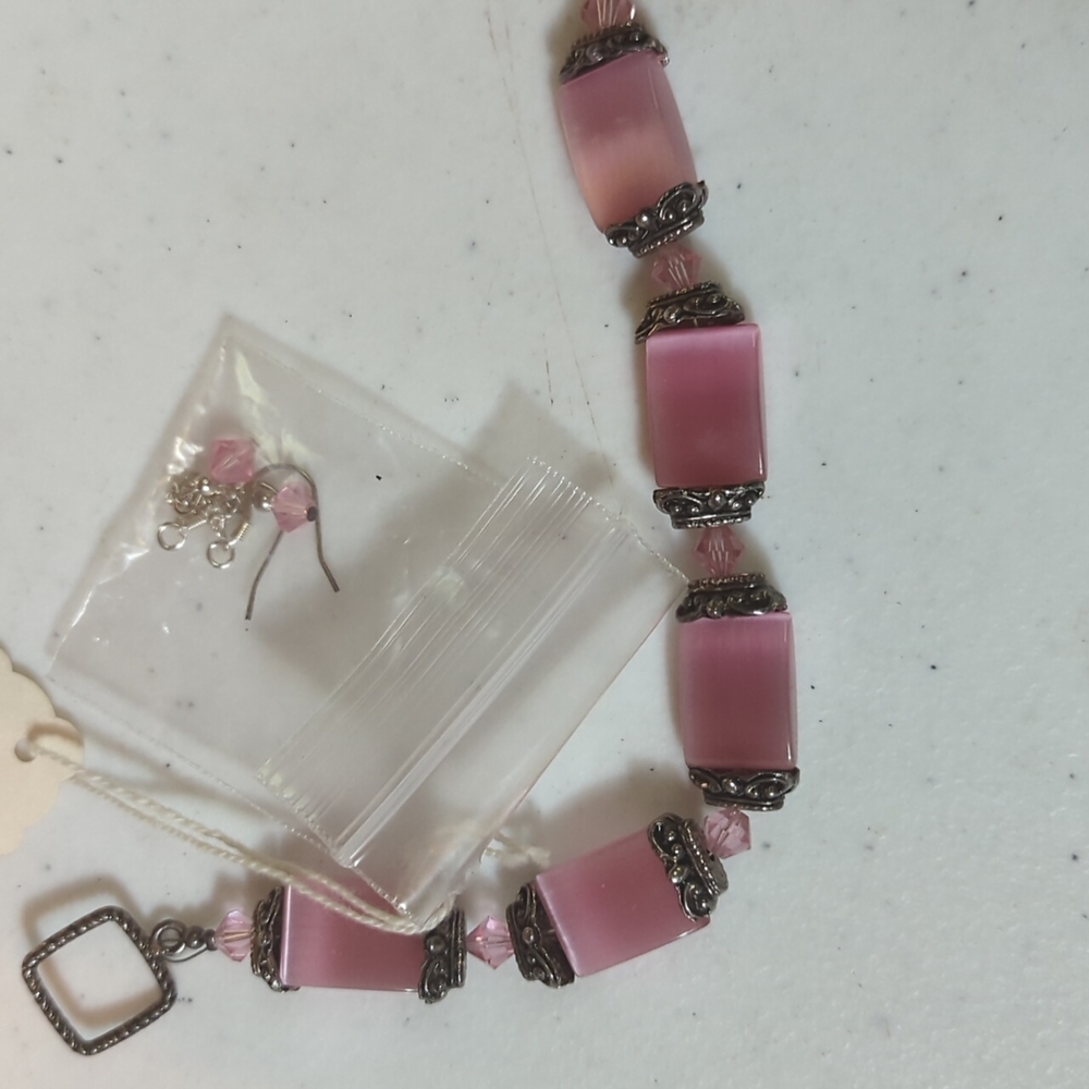 Pink Cats Eye Bracelet with Earrings